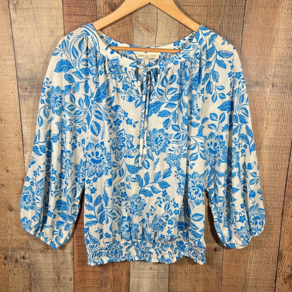 Parallel Skies Blue White Floral Balloon Sleeve Peasant Top Smocked Blouse XL